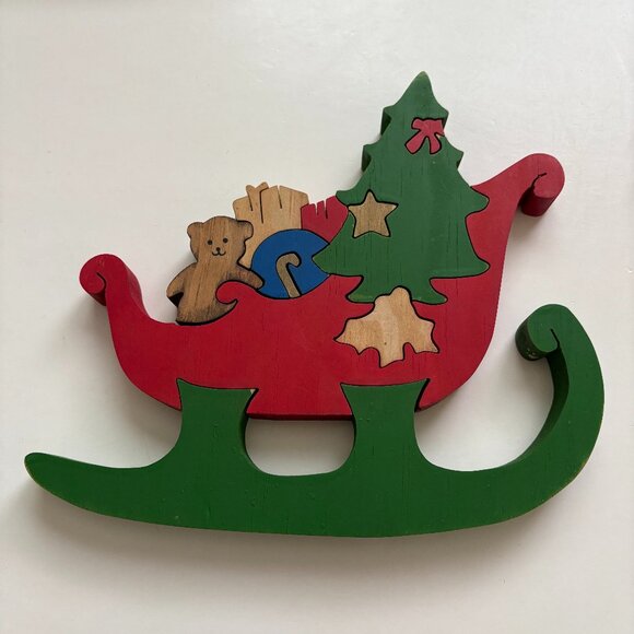 Santa Sleigh Jigsaw Puzzle Block Wood Handcrafted Christmas Figurine 3D Vintage - Picture 1 of 15
